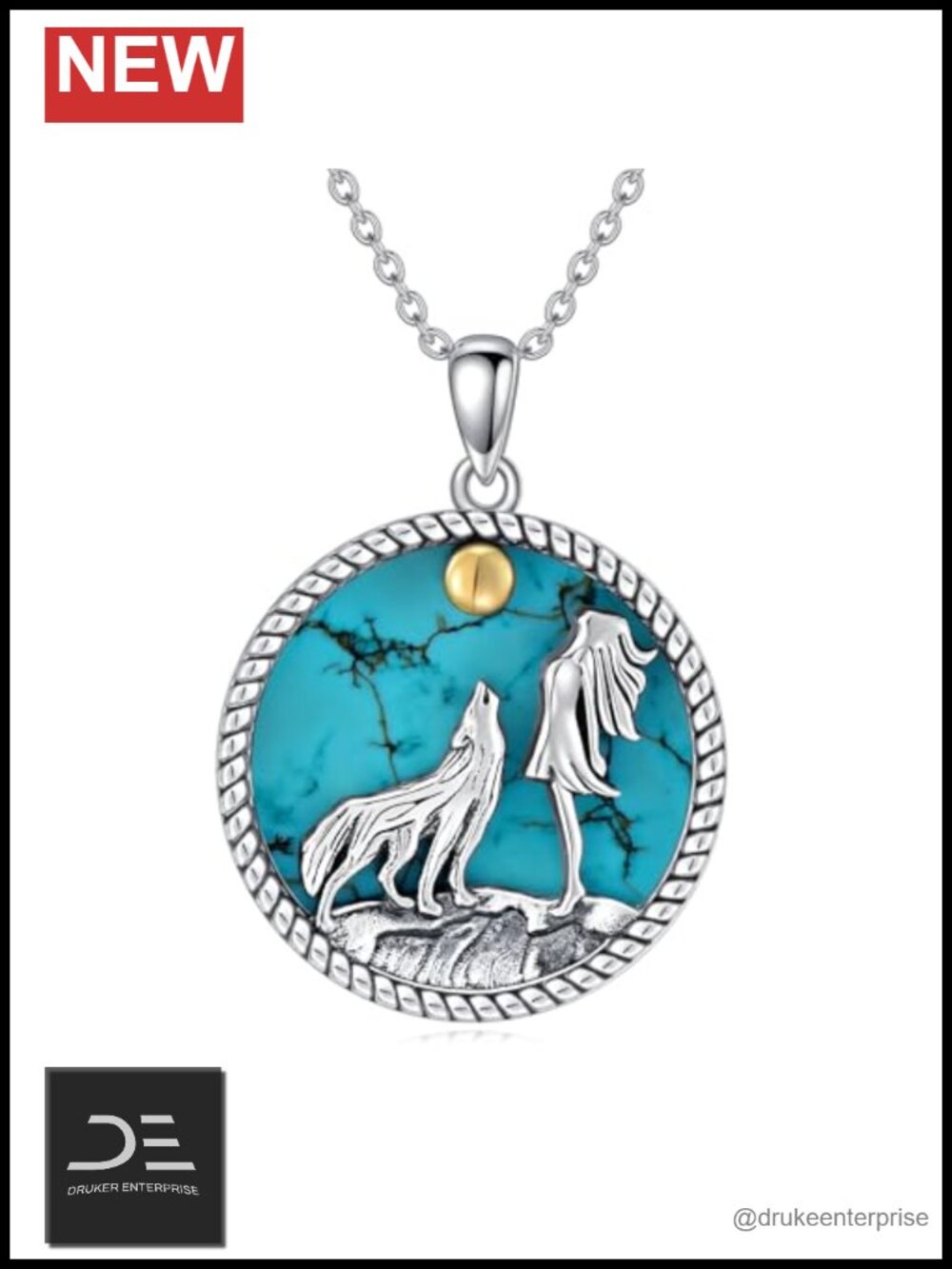 925 Sterling Silver Turquoise Wolf and Lady Pendant Necklace, Moon Design,